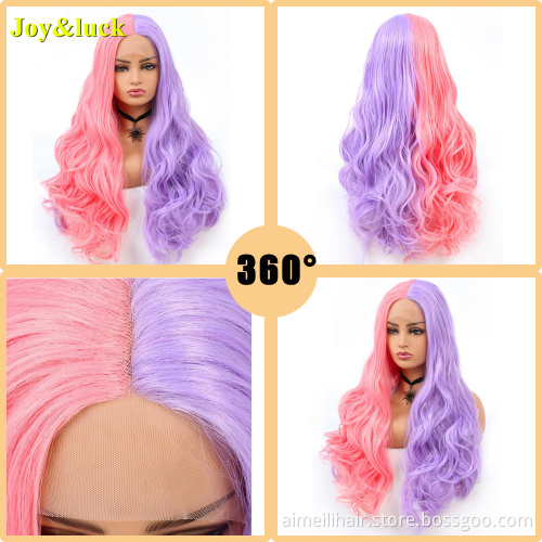 27 inch Front Lace Women Wholesale Prices Wig For Cosplay Party Long Water Wave Purple Color Curly Synthetic Ladies Hair Wigs